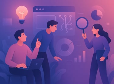 Modern illustration of a team discussing data and gadgets — symbolizing collaborative tech analysis