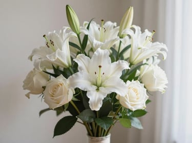 A soft pastel-colored bouquet arranged elegantly on a light background.