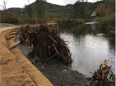 a pile of wood logs sitting on the side of a river