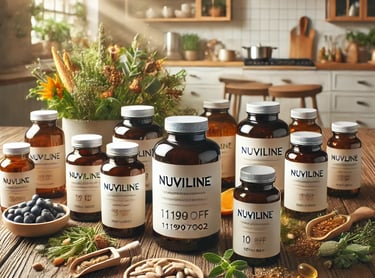 Nuviline avec leurs compléments alimentaires, entourés d'ingrédients naturels sur une table en bois.