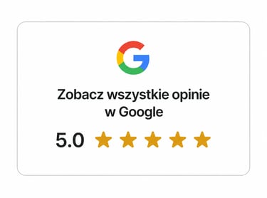 A Google reviews badge showing a 5.0 star rating and a link to see all customer opinions in Polish.