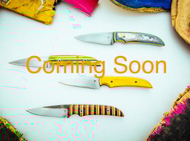 Custom handmade knives with colorful handles made of recycled skateboard on a white background 