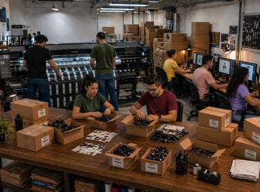Equipo en producción personalizada de lanyards y merchandising corporativo con entregas en tiempo y forma