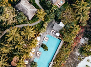 an aerial view of a resort pool at an integrated wellness hotel and spa