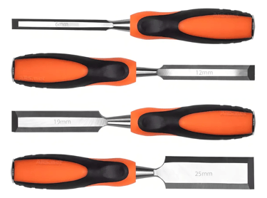 Set of four professional woodworking chisels with orange ergonomic handles in sizes 6mm to 25mm.