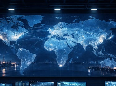 A digital world map with glowing connection lines on a high-tech monitoring screen in a dark control center.