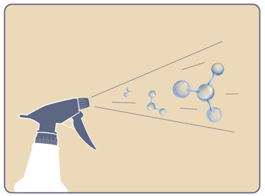  A spray bottle emits a mist of molecules, illustrating a cleaning or disinfecting action.