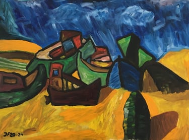 a painting of boats on a beach