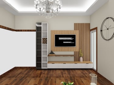 Modern living room featuring a wooden TV wall unit, chandelier, and hardwood floors.