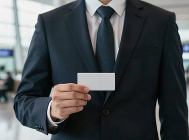 Close-up of a professional chauffeur in a dark tailored suit holding a discreet nameboard inside a modern, bright airport terminal, soft cinematic lighting.