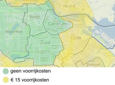 Kaart van Amsterdam met tarieven en voorrijkosten voor fietsreparatie