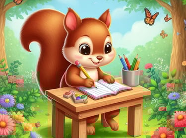 A squirrelly writing in a book at a desk outside