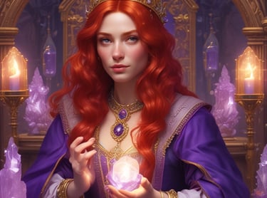 une femme en robe violette tenant une boule de cristal