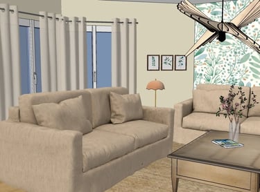 Modélisation 3D d'un salon ambiance campagne