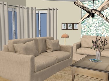 Modélisation 3d d'un salon ambiance campagne
