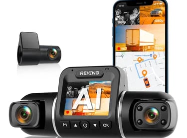 Rexing AI dual dash cam with 1080p video recording and smartphone app integration for vehicle security.