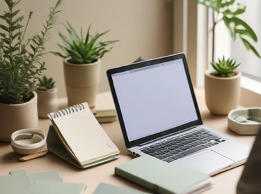 A cozy workspace with a laptop, journal, and a cup of tea, bathed in soft natural light.