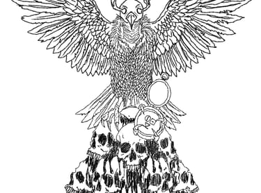 Gothic black and white line art of a crow with antlers perched atop a pile of melting human skulls.