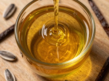 Extreme close-up overhead study of amber sunflower oil poured into a clear glass vessel on a raw wooden surface, golden light refracting through the liquid, scattered sunflower seeds and vanilla beans visible at the edges, high-saturation natural daylight