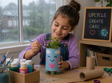 A child doing an upcycle craft project on a rainy day. 