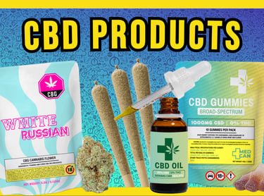 A variety of CBD products including hemp flower, pre-rolled joints, CBD oil tincture, and gummy edibles.