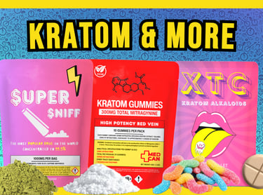 Assorted Kratom and caffeine products including Red Vein Kratom gummies and Super Sniff powder.