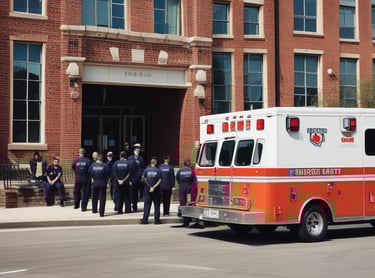 An ambulance with EMTs standing outside of it while it is parked on a college campus