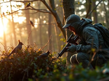  A hunter quietly crouched behind a bush, focused on a small game animal like a rabbit or squirrel. 