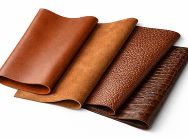 Leather sheets with smooth, textured, and grain finishes.