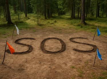 SOS message written in dirt with flags in forest clearing to signal for emergency help