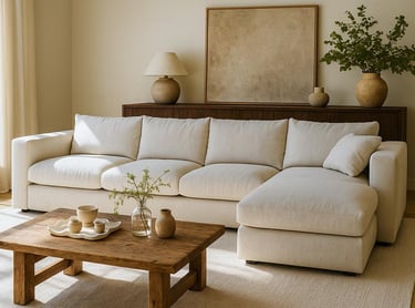 Custom daybed-style sectional sofa in a warm neutral living room by Solo Home Decor
