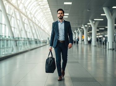 An Executive in a suit and tie is walking through a hallway
