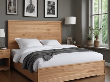 a bed with a wooden bed frame and a bed with a blanket