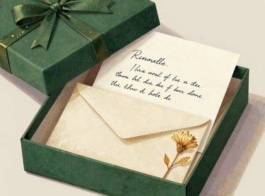 Elegant green gift box with a handwritten note, cream envelope. Pisma iz srca