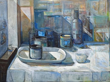 Interior, óleo sobre lienzo del artista pintor Argi Girón. Cup still life artist painter