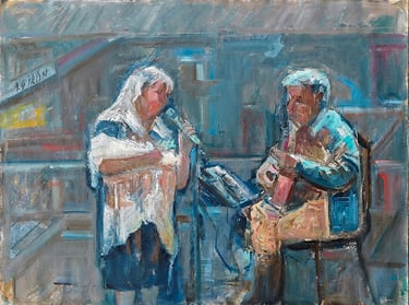 Aurora y Ángel actuando, óleo del artista pintor Argi Girón. Oil on canvas, painter, artist, art
