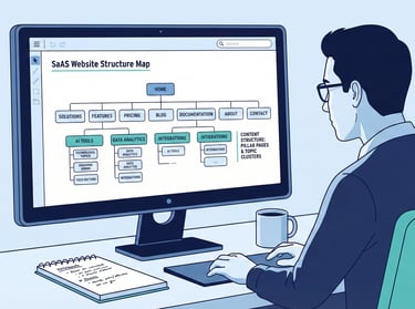 SEO strategist building a clean SaaS website structure on a screen, organizing pages, content cluste
