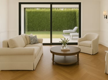 Neutral transitional living room with beige sofa, armchairs, rug, artwork, and classic fireplace