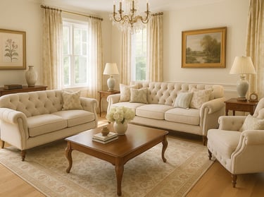 Traditional living room with tufted sofa, carved wood table, and layered curtains.