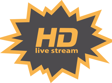 gelber und grauer HD-Live-Stream-Logotyp in einem Spritzer