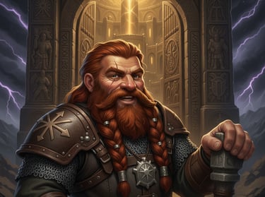Bardin Stonehand, a red-bearded dwarf in armor, smiles and holds his hammer as he welcomes visitors 