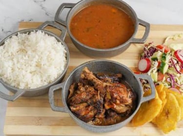 a variety of food items including rice, rice, and vegetables