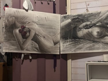 a charcoal artwork on canvas of a nude woman
