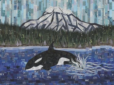 Paper collage art of an orca whale breaching in front of a snowy mountain and evergreen forest.