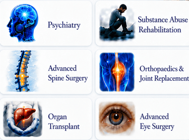 Psychiatry, Substance abuse rehabilitation, Spine Surgery, Joint replacement, Organ Transplant, Eye 