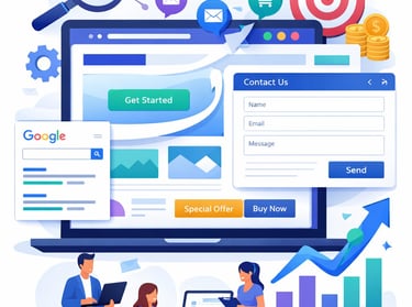 Digital marketing team optimizing a website for SEO, search engine rankings, and lead generation conversion.