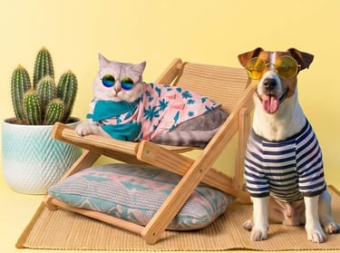 Un gato y un perro con ropa de verano, gafas, descansan en una silla de playa.
