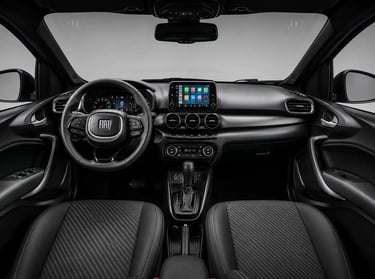 Interior do Fiat Cronos Precision com painel multimídia, volante e cabine em visão frontal