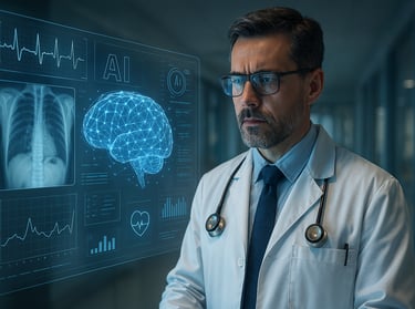 a male doctor in a lab coat and glasses