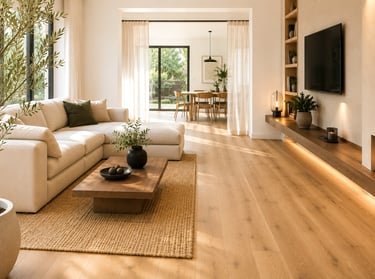 Salon contemporain avec parquet en bois, finitions soignées et lumière naturelle.